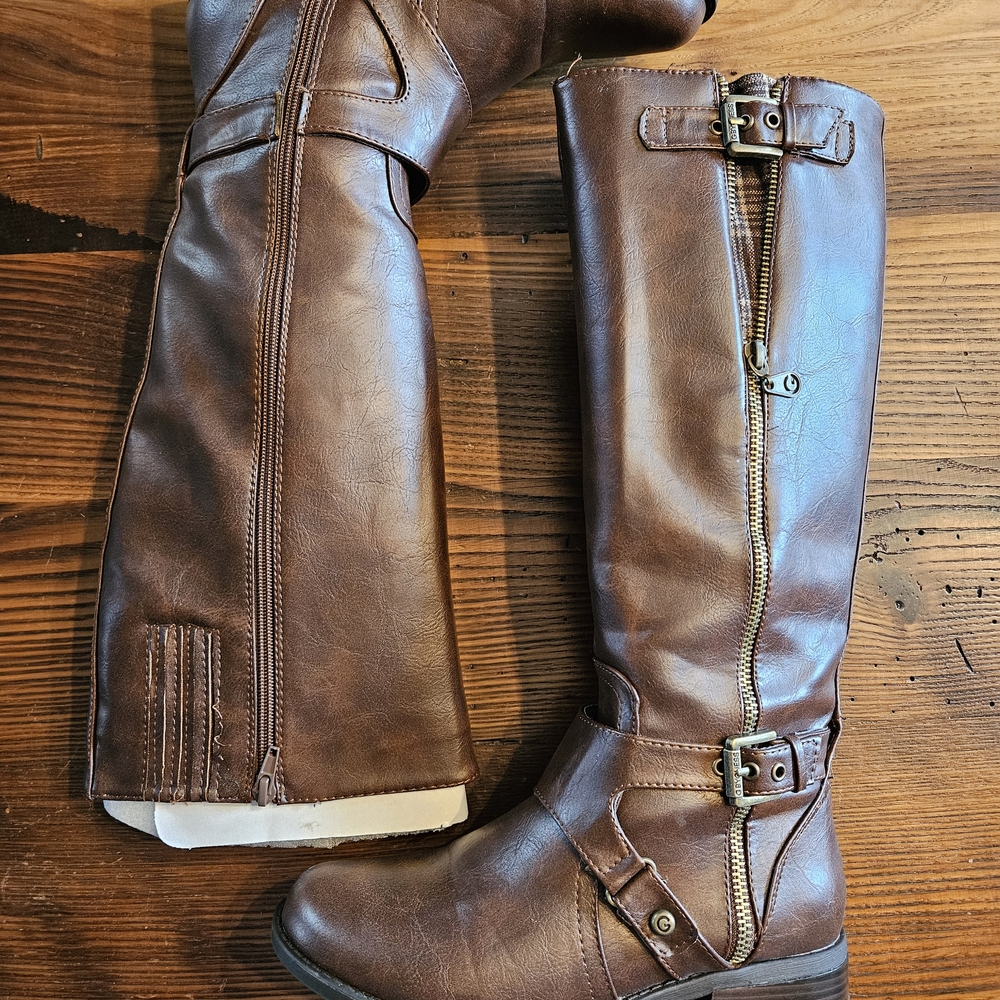 Guess Brown Knee-High Boots with Gold Logo Sole